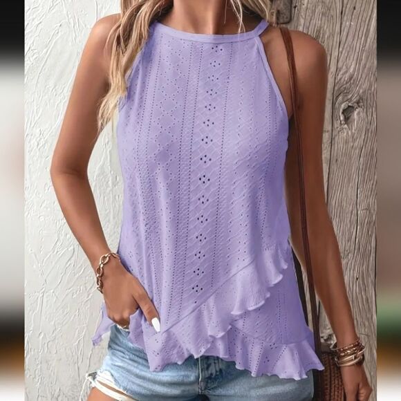 Elegant Lavender Eyelet Embroidered Ruffle Hem Cami Top XL NWT - Picture 1 of 9